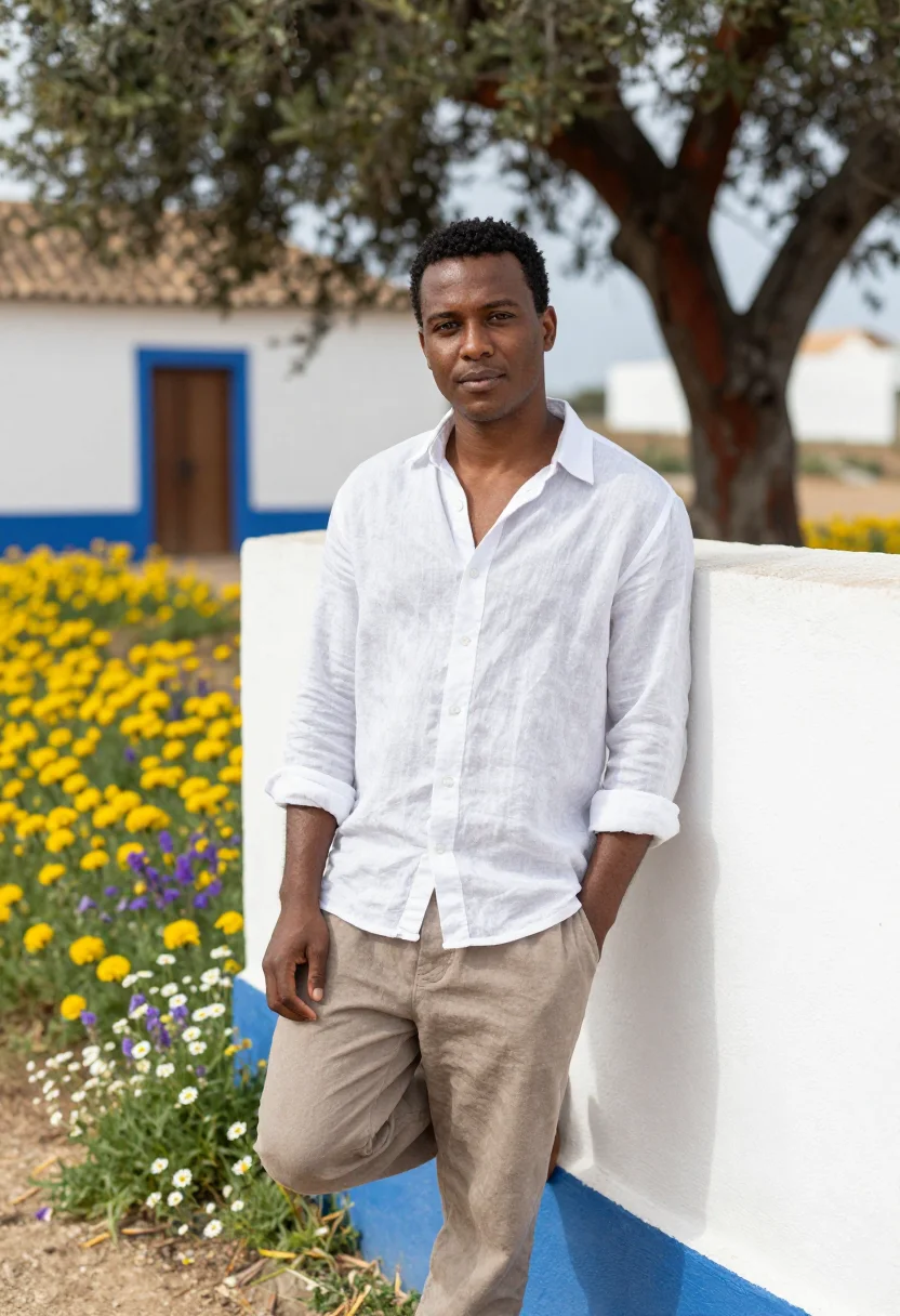 AI alentejo wildflowers april cork palette sample — portrait of a man, of Cape Verdean descent, in his late twen
