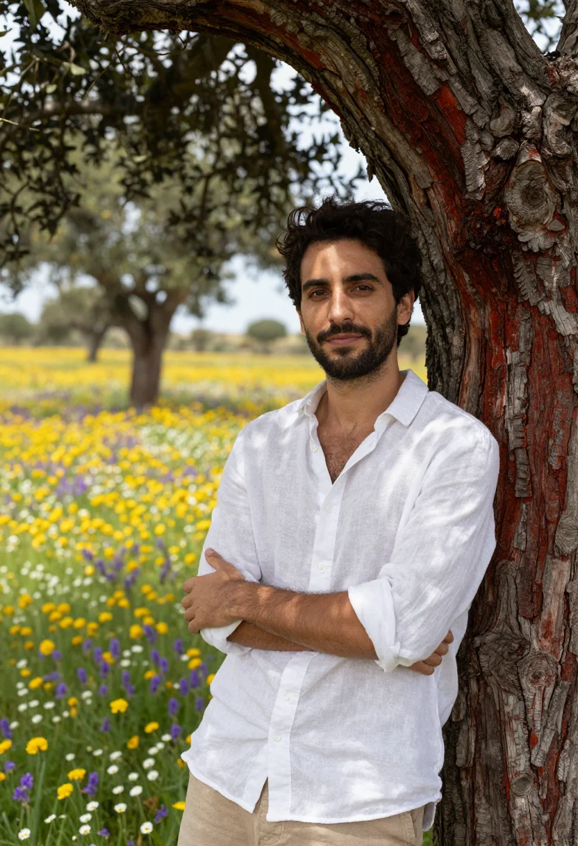 AI alentejo wildflowers april cork palette sample — portrait of a man, of Portuguese descent, in his mid-thirtie