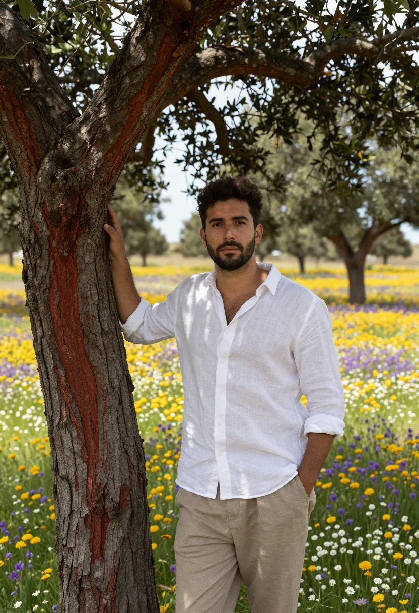 AI alentejo wildflowers april cork palette sample — portrait of a man, of Portuguese descent, in his mid-thirtie