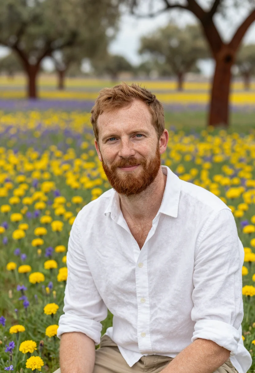 AI alentejo wildflowers april cork palette sample — portrait of a man, in his mid-forties, with fair freckled sk