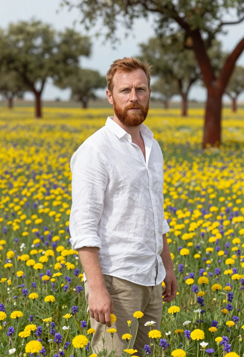 AI alentejo wildflowers april cork palette sample — portrait of a man, in his mid-forties, with fair freckled sk