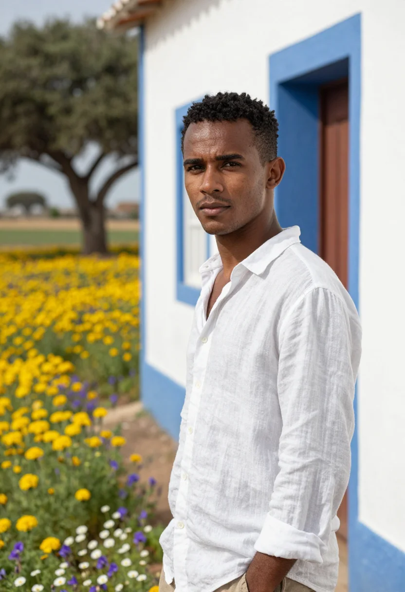 AI alentejo wildflowers april cork palette sample — portrait of a man, of Cape Verdean descent, in his late twen