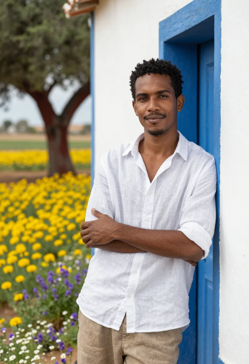 AI alentejo wildflowers april cork palette sample — portrait of a man, of Cape Verdean descent, in his late twen