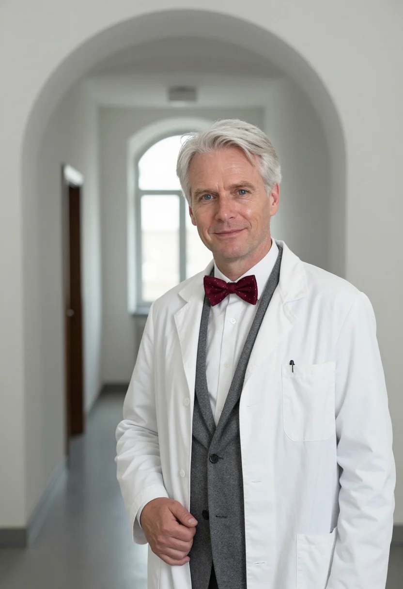 AI alexander fleming st marys white coat sample — portrait of a man, framed chest-up, cropped at the ribs, the