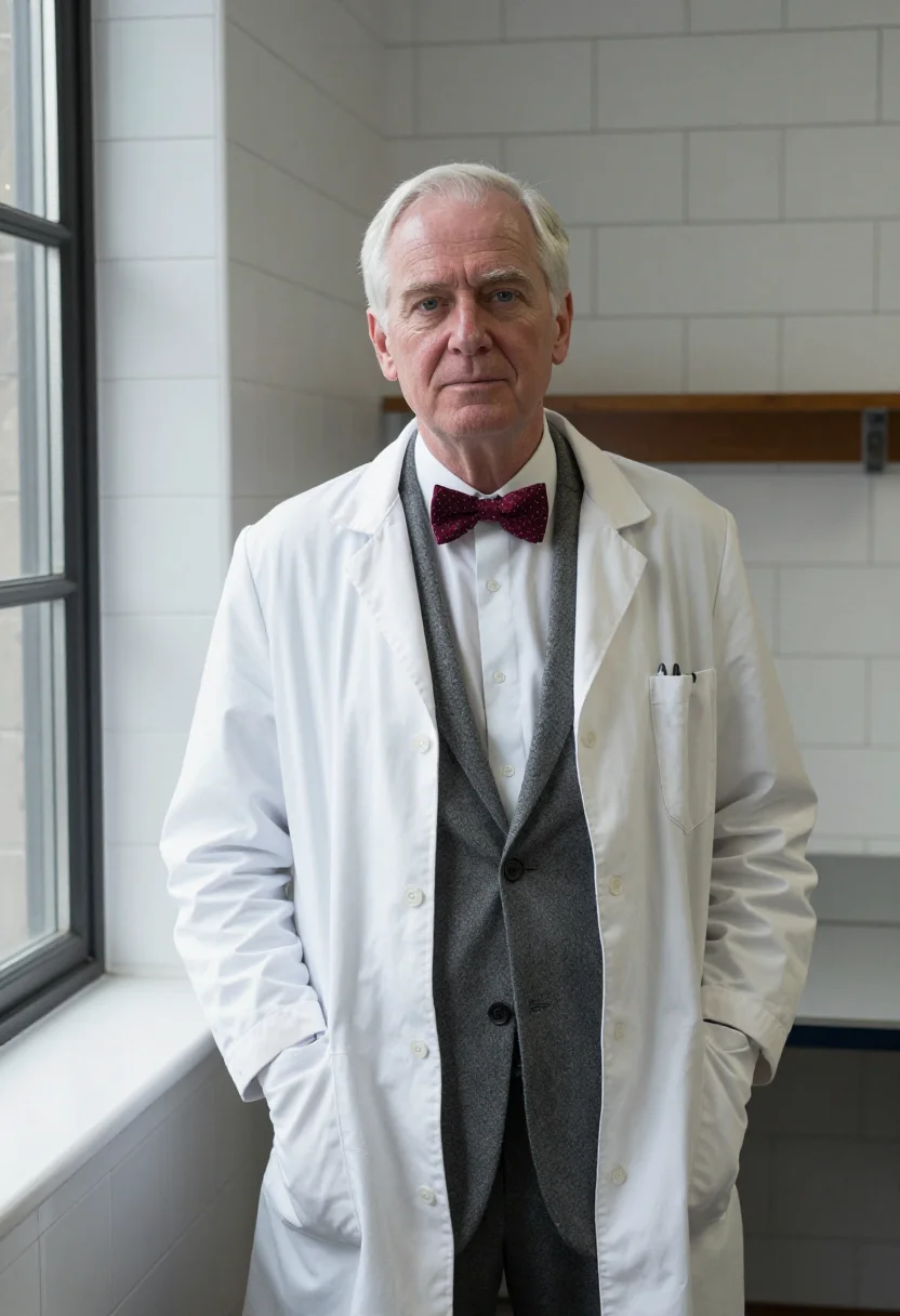 AI alexander fleming st marys white coat sample — portrait of a man, framed half-length from the head to the h