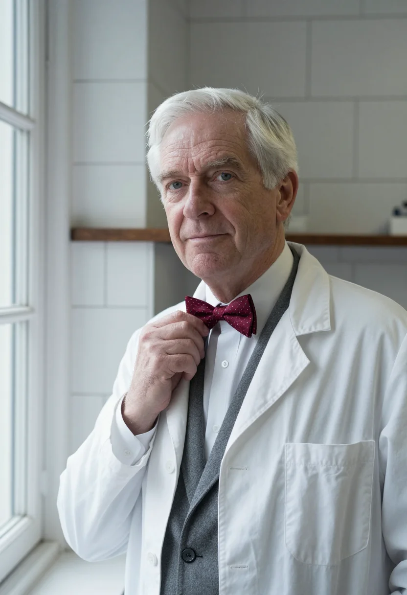AI alexander fleming st marys white coat sample — portrait of a man, framed chest-up, cropped at the ribs, the