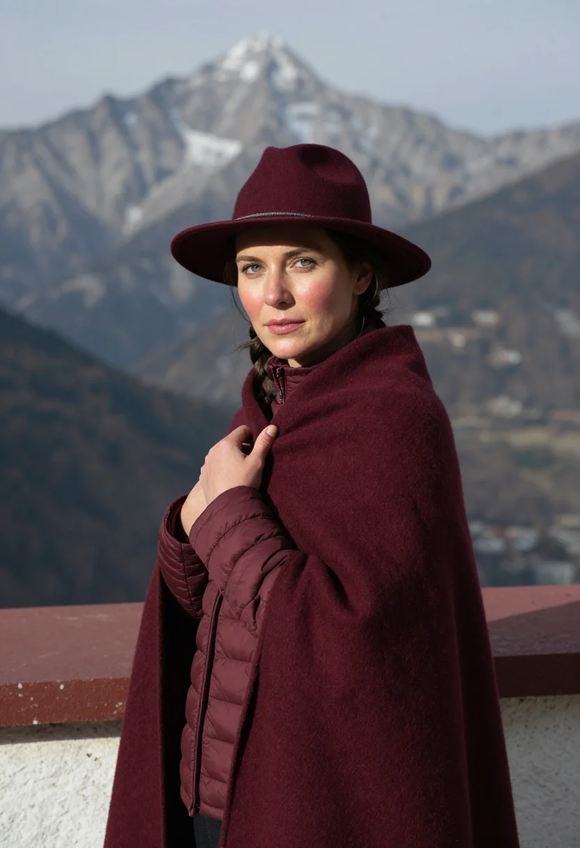 AI alexandra david neel himalaya maroon sample — portrait of a woman, framed chest-up, cropped at the ribs, t