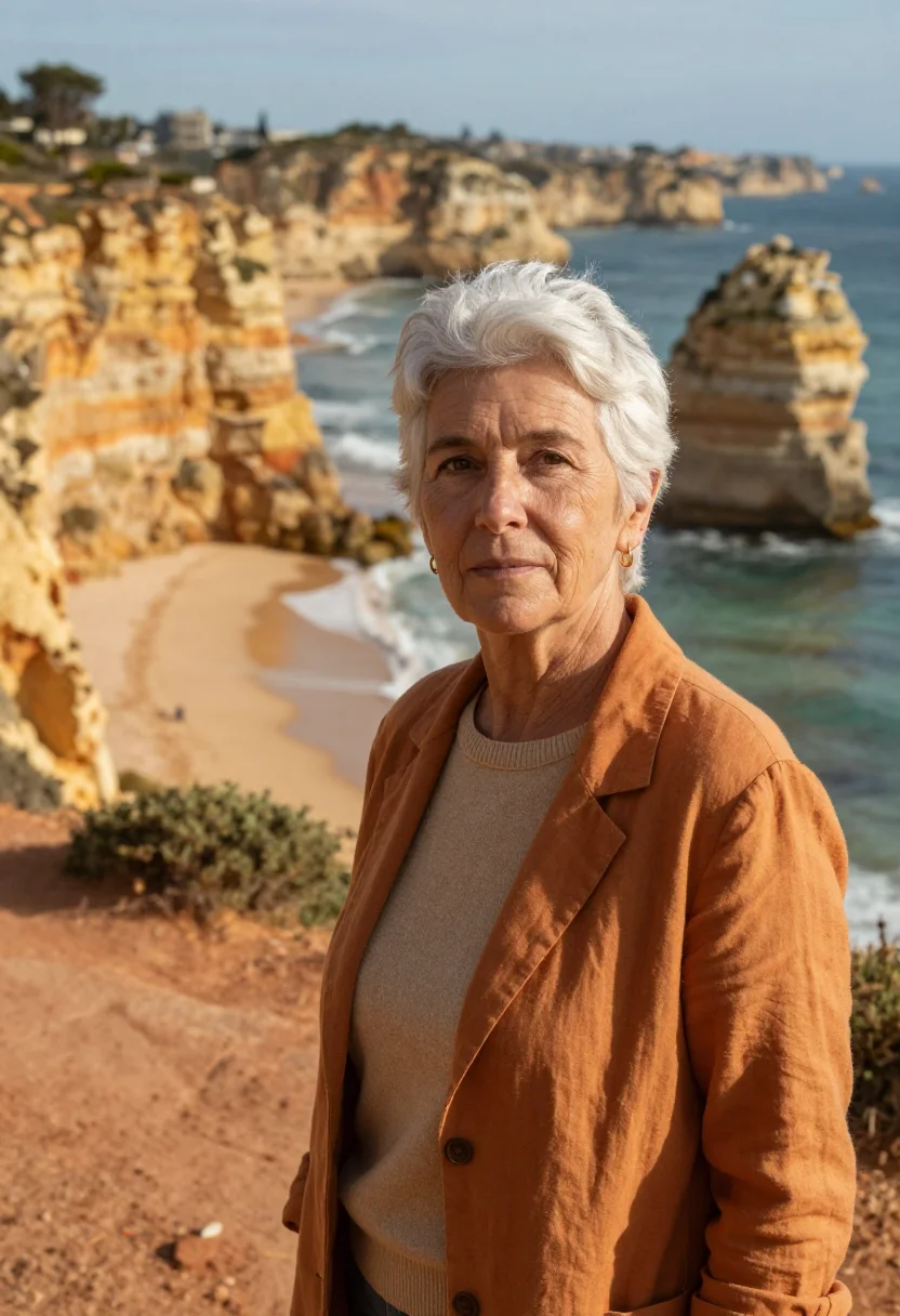 AI algarve marine biologist ochre cliffs sample — portrait of a woman, in her sixties with weathered olive ski
