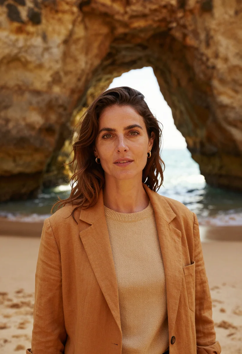 AI algarve marine biologist ochre cliffs sample — portrait of a woman, in her forties with golden olive skin,