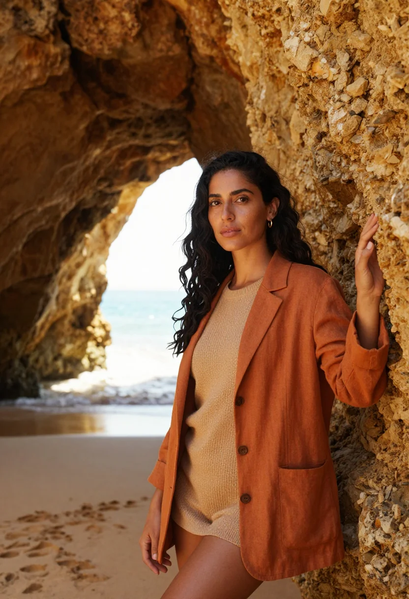 AI algarve marine biologist ochre cliffs sample — portrait of a woman, of Moroccan descent in her late thirtie