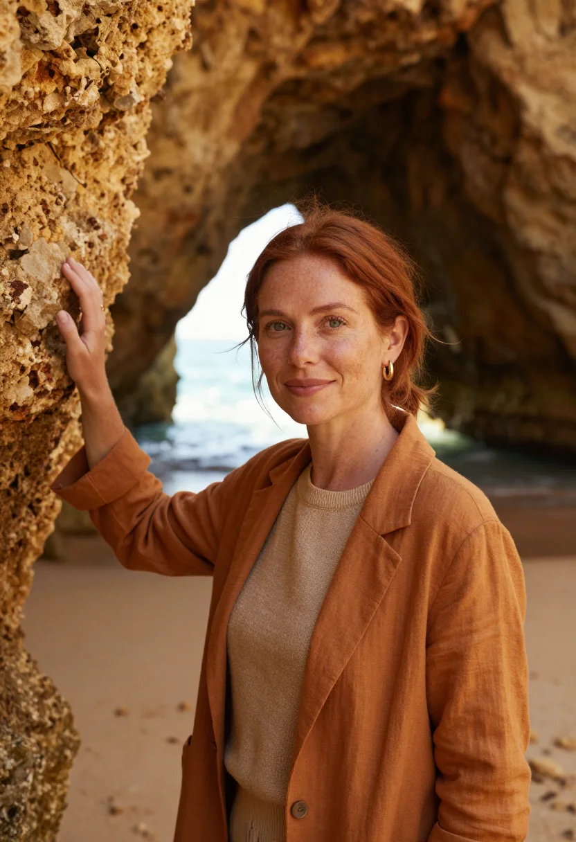 AI algarve marine biologist ochre cliffs sample — portrait of a woman, in her early thirties with fair freckle