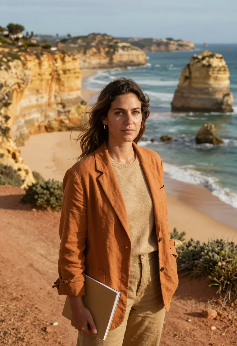 AI algarve marine biologist ochre cliffs sample — portrait of a woman, in her early thirties with tanned olive