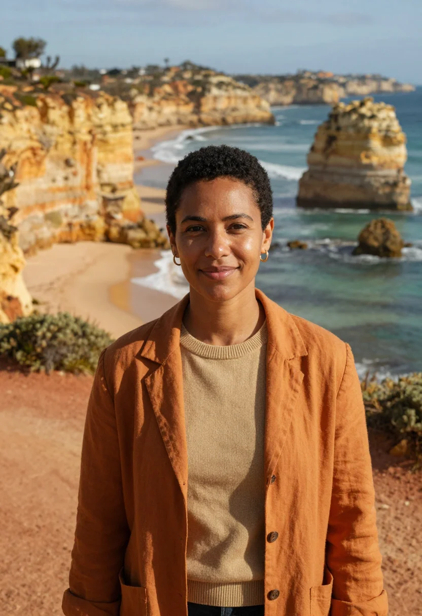 AI algarve marine biologist ochre cliffs sample — portrait of a woman, in her early forties with deep brown sk