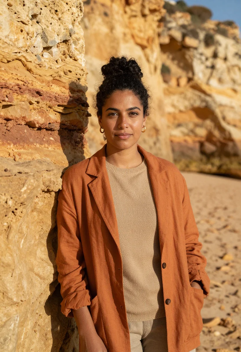 AI algarve marine biologist ochre cliffs sample — portrait of a woman, in her late twenties with warm brown sk