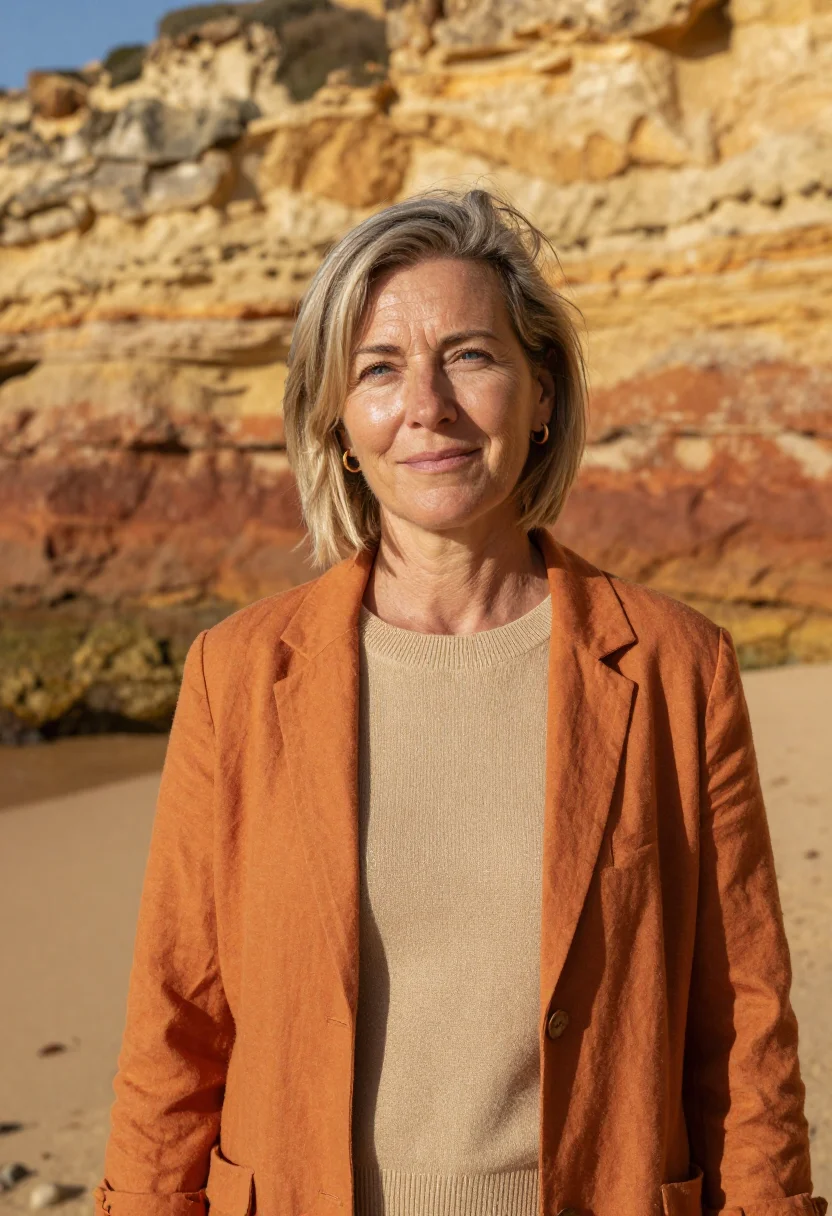 AI algarve marine biologist ochre cliffs sample — portrait of a woman, in her fifties with tanned fair skin, g