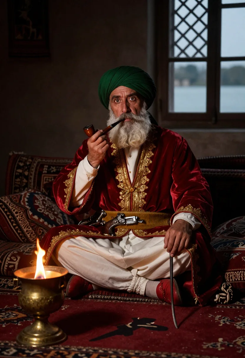 AI ali pasha sample — portrait of a man, in his sixties with olive skin, small bri