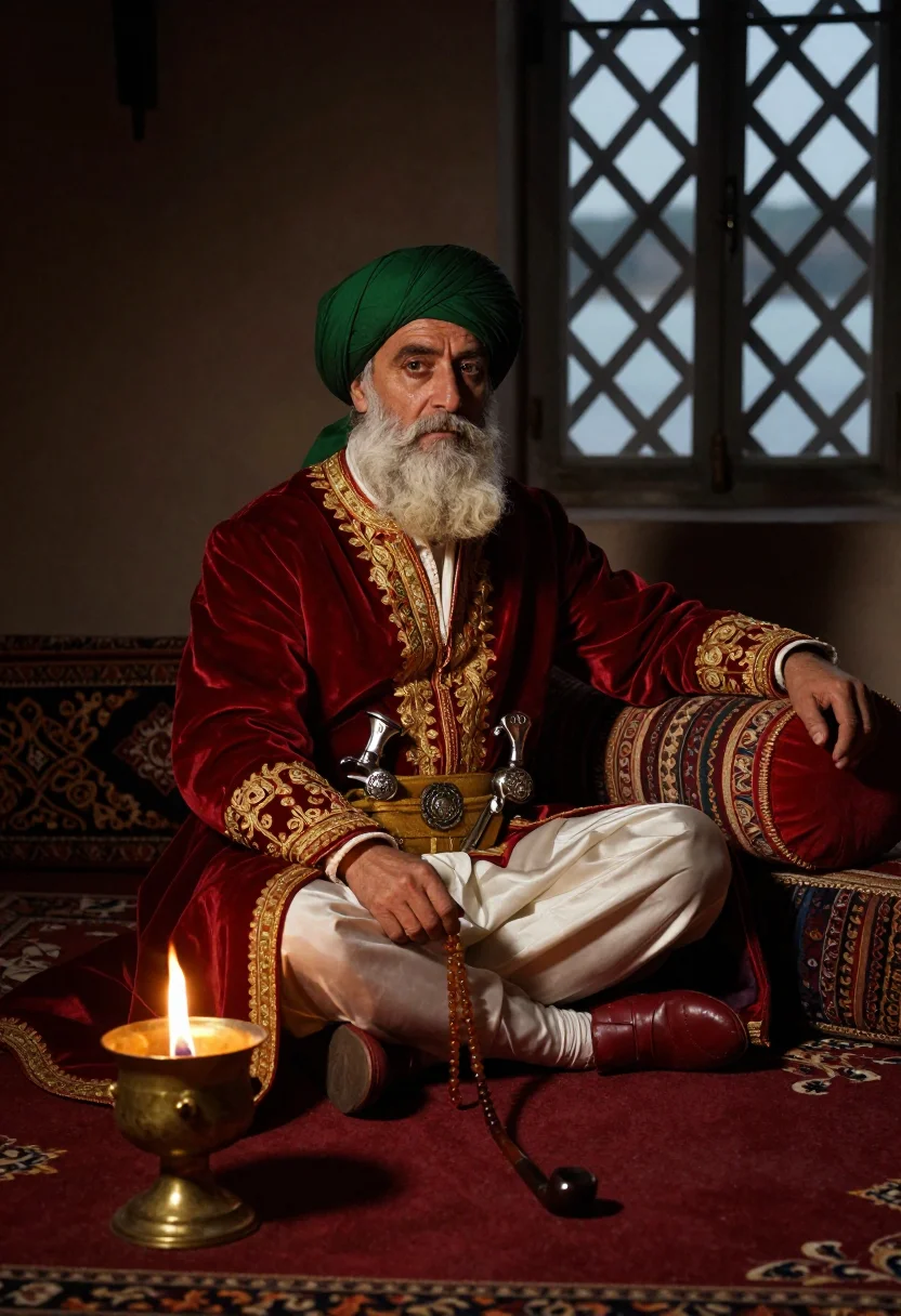 AI ali pasha sample — portrait of a man, in his sixties with olive skin, small bri