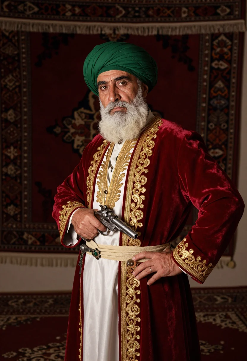 AI ali pasha sample — portrait of a man, in his sixties with olive skin, small bri