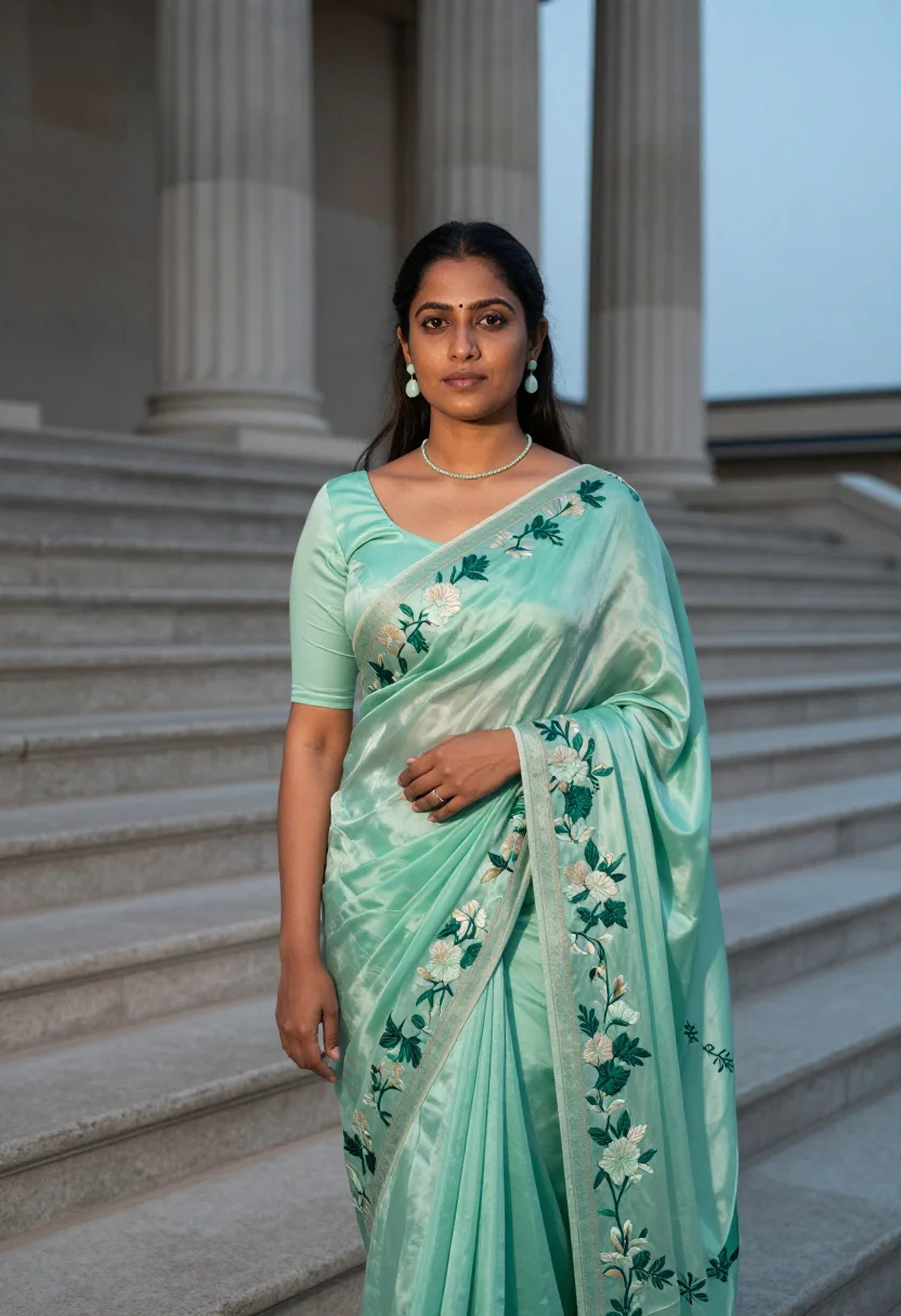 AI alia bhatt met gala 2024 mint sari sample — portrait of a woman, an Indian woman in her early thirties w