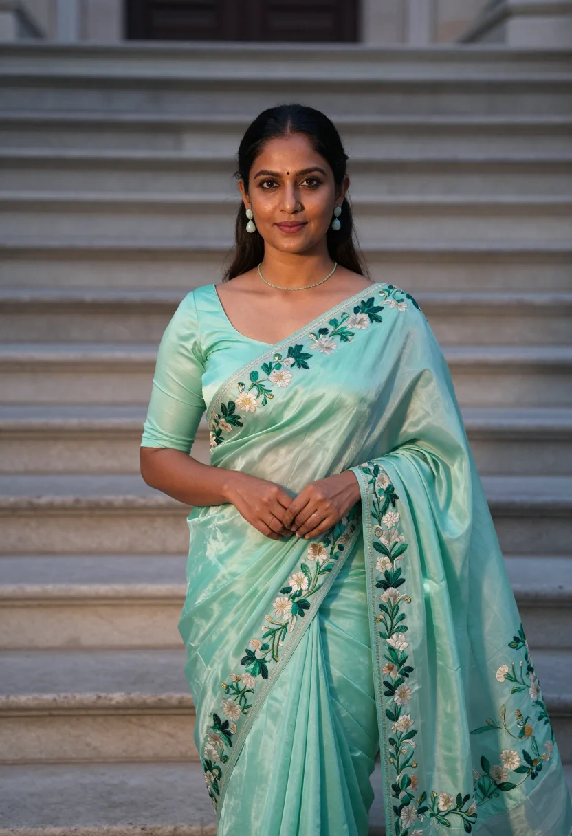 AI alia bhatt met gala 2024 mint sari sample — portrait of a woman, an Indian woman in her early thirties w
