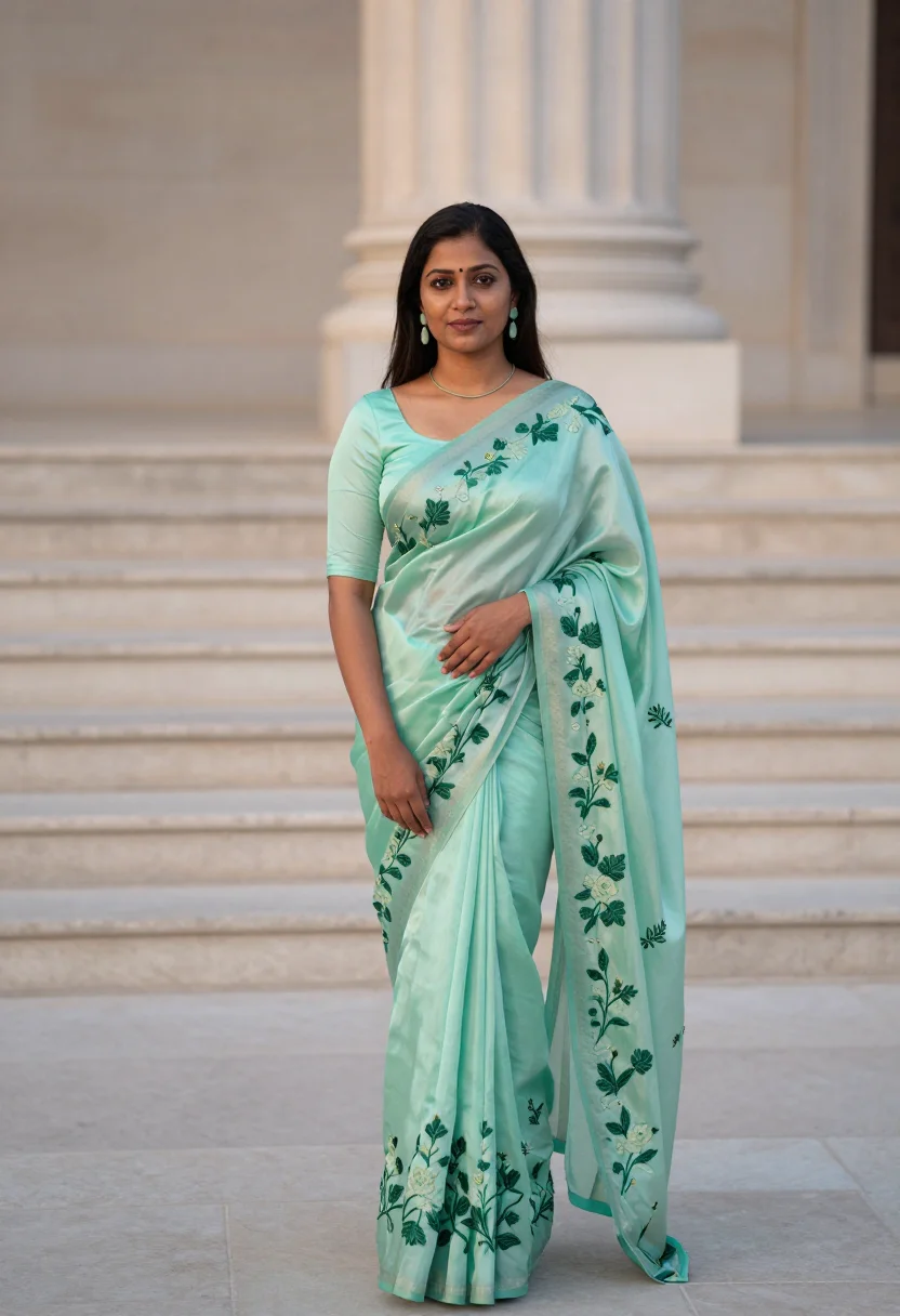 AI alia bhatt met gala 2024 mint sari sample — portrait of a woman, an Indian woman in her early thirties w