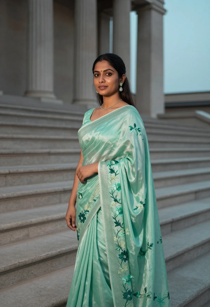 AI alia bhatt met gala 2024 mint sari sample — portrait of a woman, an Indian woman in her early thirties w