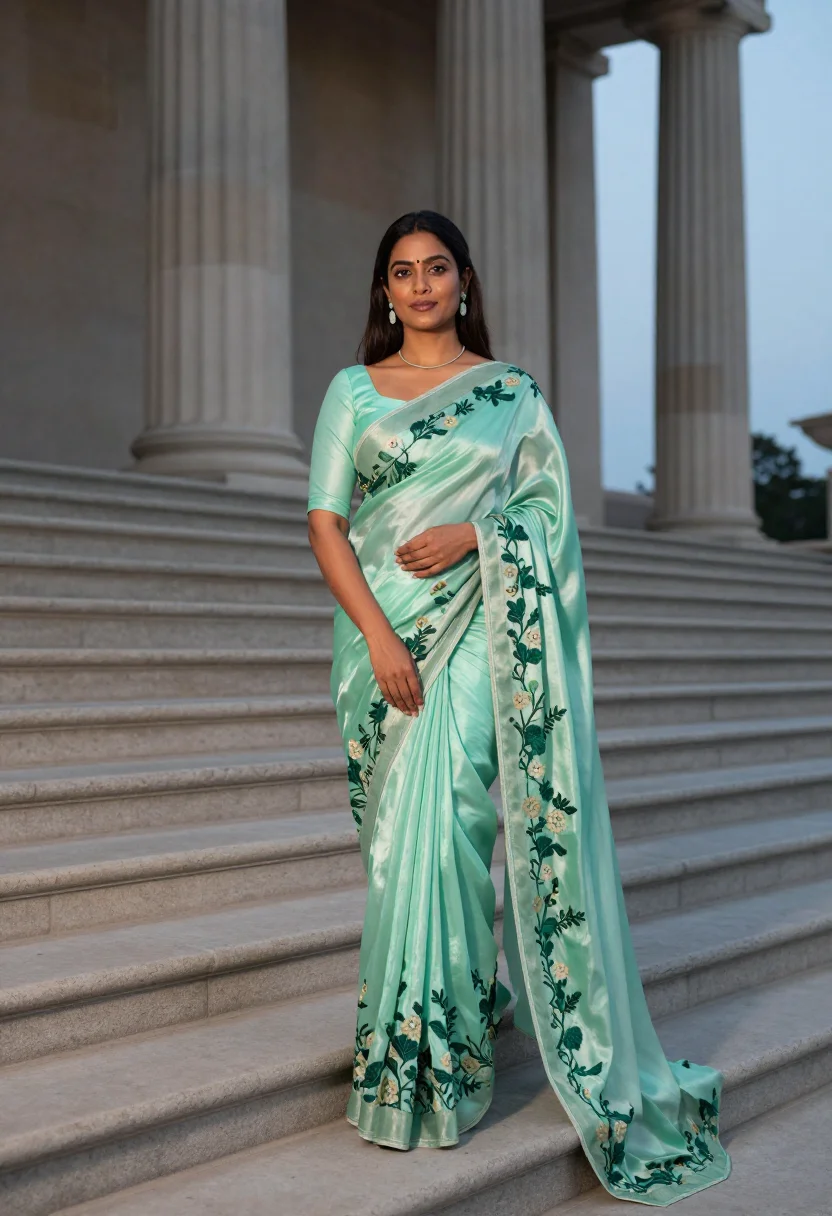 AI alia bhatt met gala 2024 mint sari sample — portrait of a woman, an Indian woman in her early thirties w