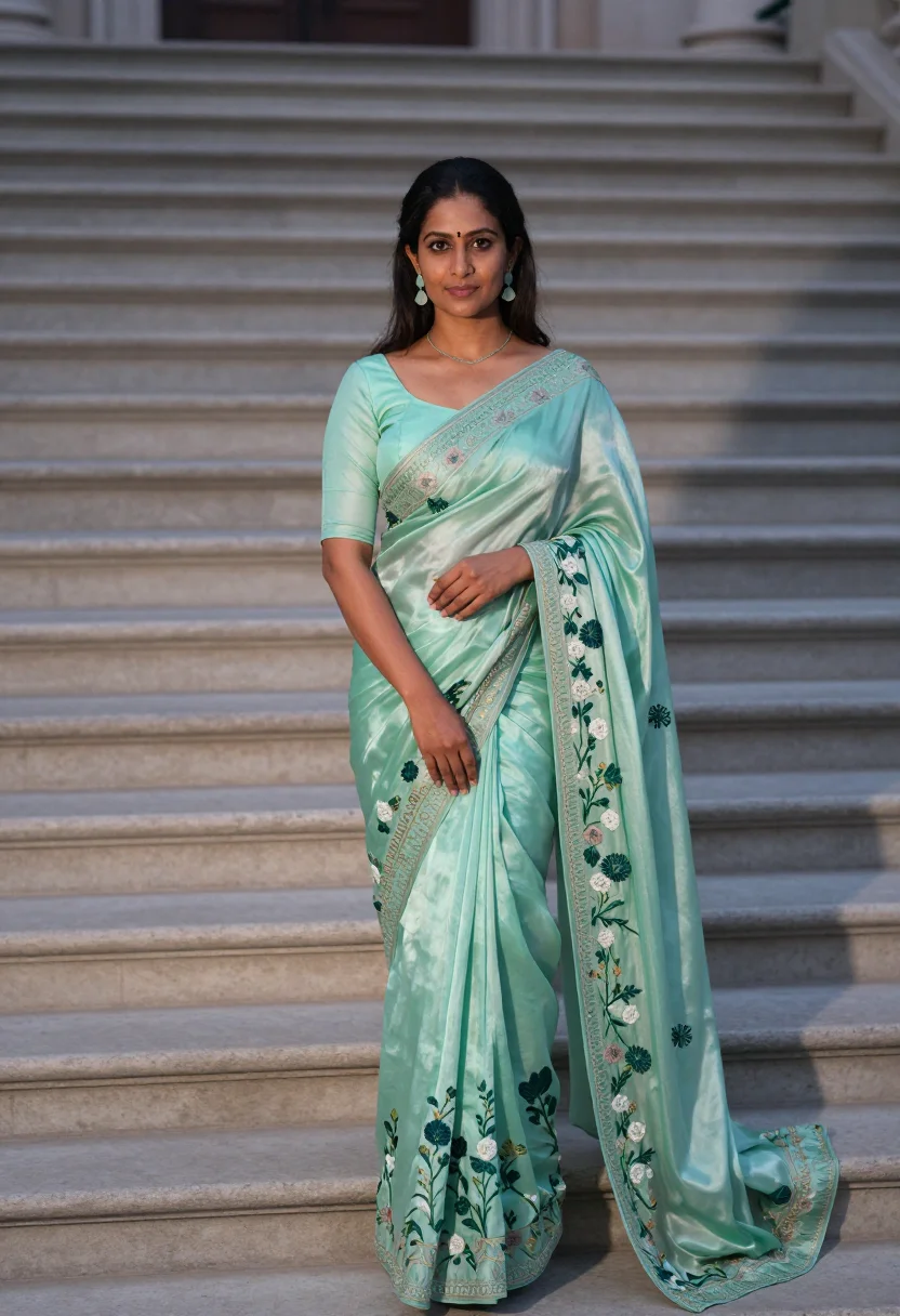 AI alia bhatt met gala 2024 mint sari sample — portrait of a woman, an Indian woman in her early thirties w