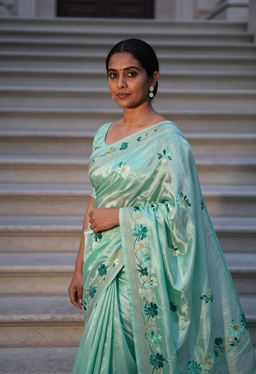 AI alia bhatt met gala 2024 mint sari sample — portrait of a woman, an Indian woman in her early thirties w