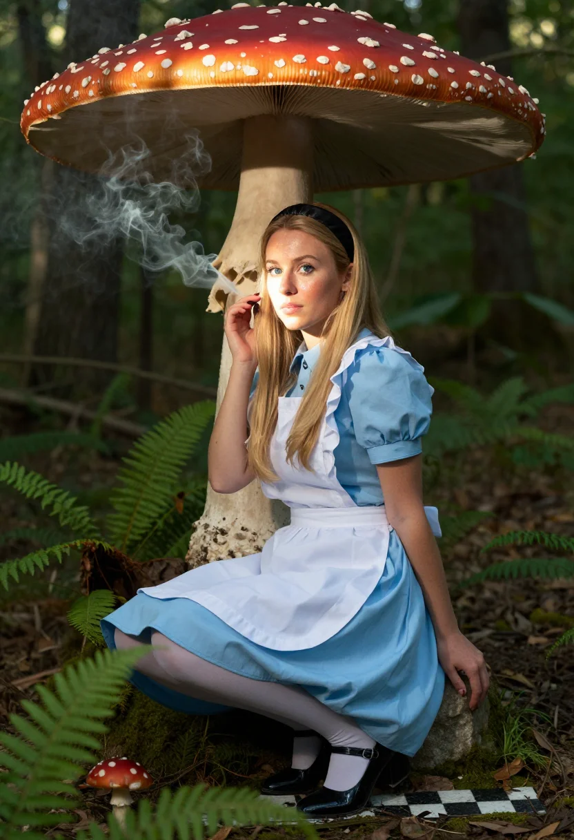 AI alice wonderland sample — portrait of a woman, three-quarter-length low-angle portrait