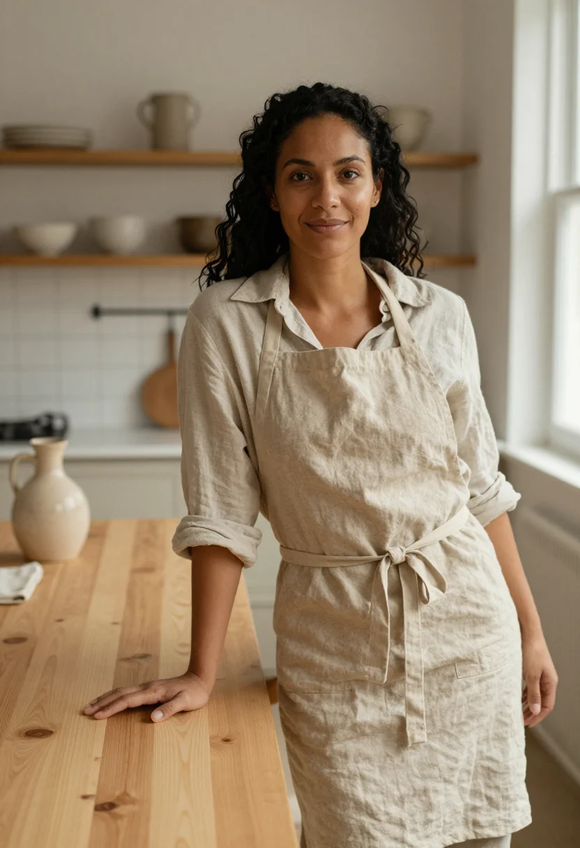 AI alison roman brooklyn kitchen linen oat sample — portrait of a woman, a Puerto Rican woman in her mid-thirtie