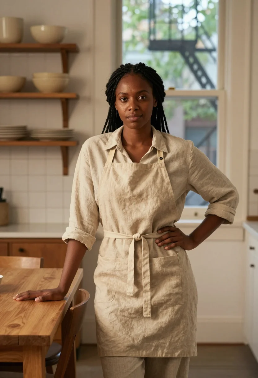 AI alison roman brooklyn kitchen linen oat sample — portrait of a woman, an African-American woman in her early