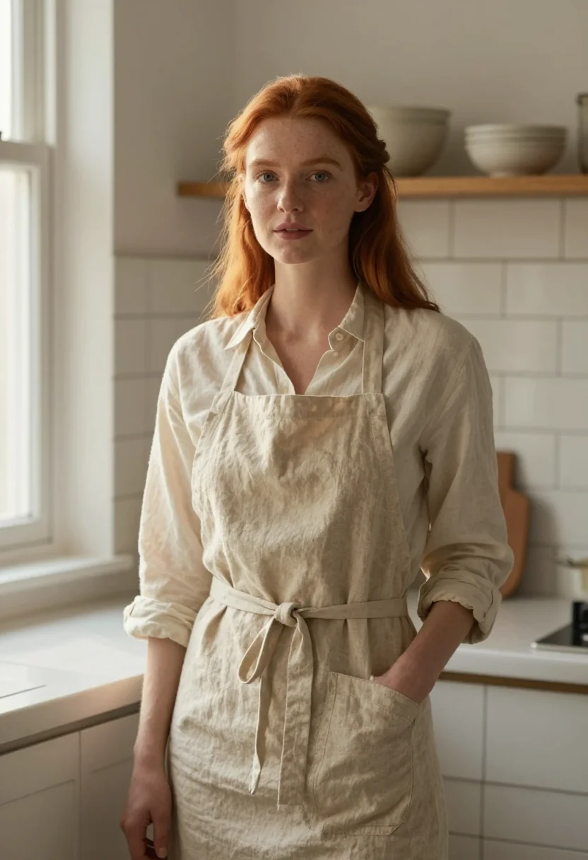 AI alison roman brooklyn kitchen linen oat sample — portrait of a woman, an Irish woman in her late twenties wit