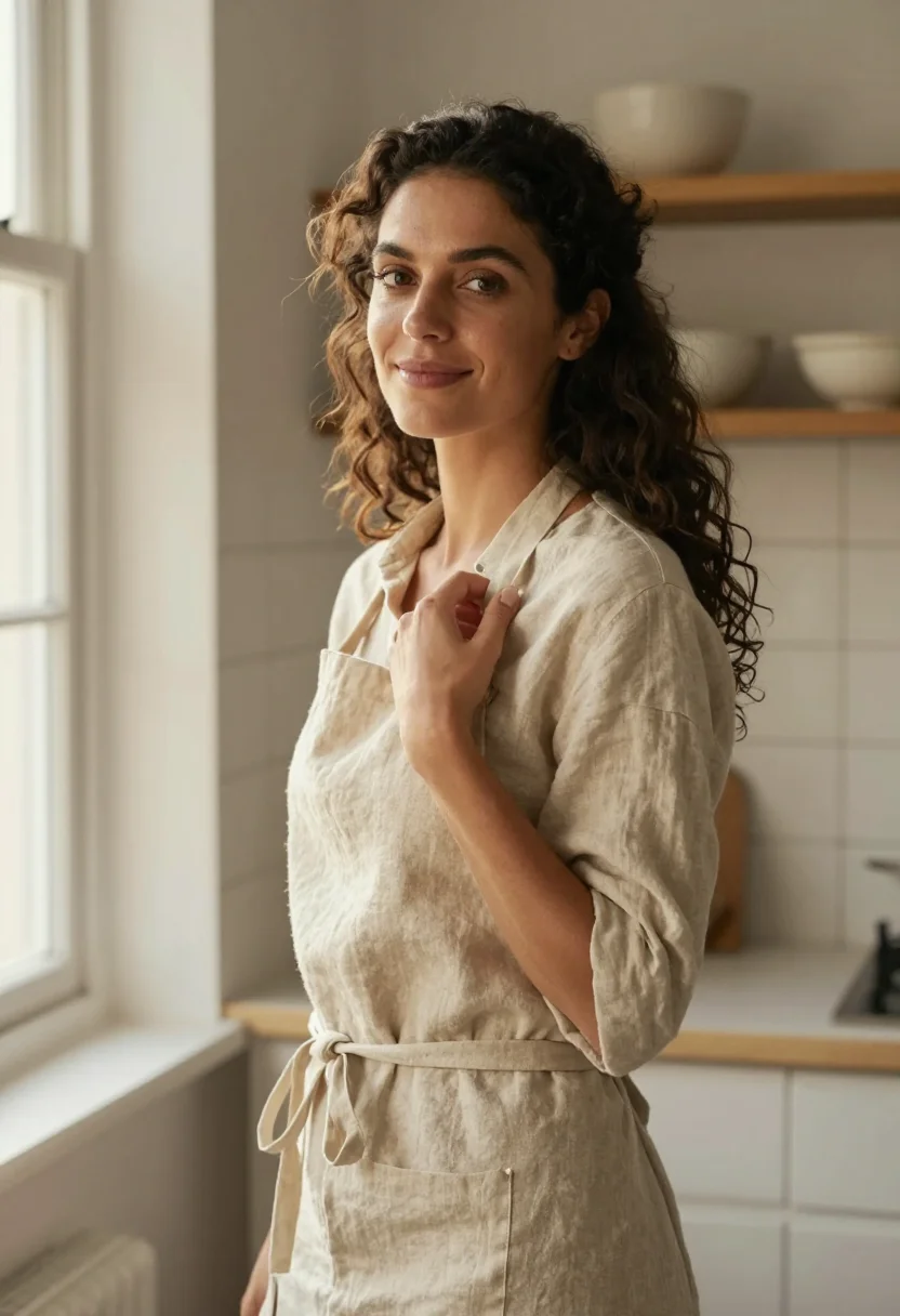 AI alison roman brooklyn kitchen linen oat sample — portrait of a woman, an Italian-American woman in her mid-th