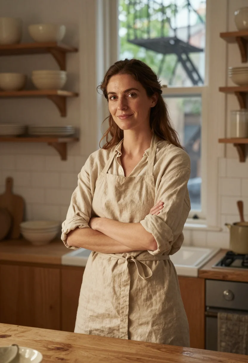 AI alison roman brooklyn kitchen linen oat sample — portrait of a woman, a French woman in her late thirties wit