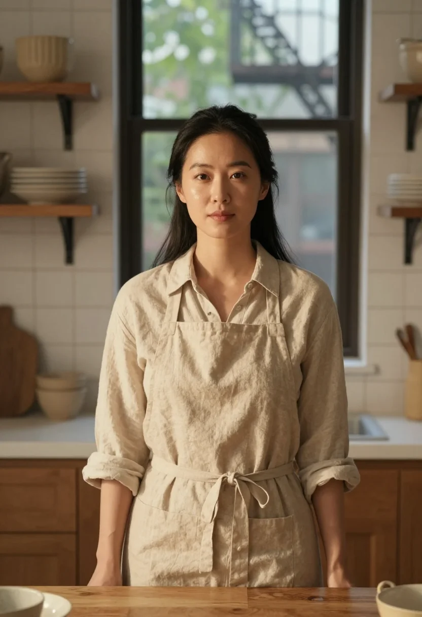 AI alison roman brooklyn kitchen linen oat sample — portrait of a woman, a Korean-American woman in her mid-thir
