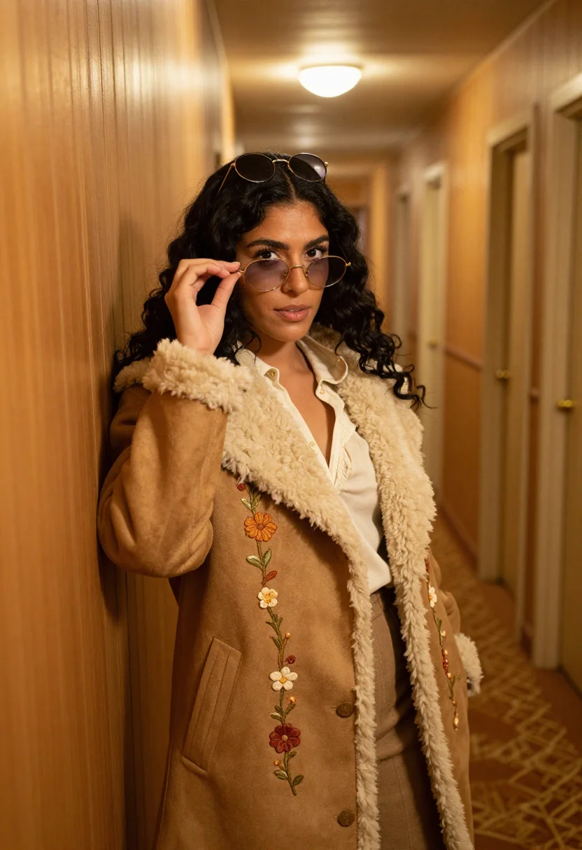 AI almost famous penny lane shearling afghan coat sample — portrait of a woman, a woman in her mid-twenties of Mexican-
