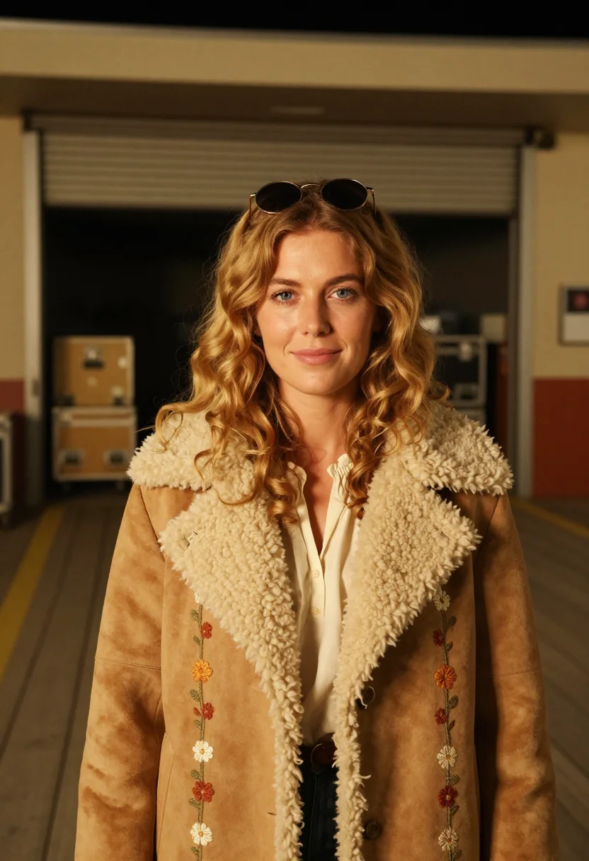 AI almost famous penny lane shearling afghan coat sample — portrait of a woman, a woman in her early twenties of Irish
