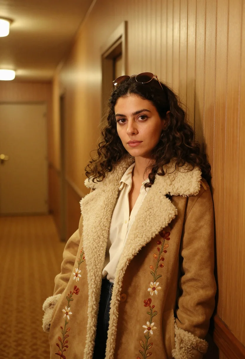AI almost famous penny lane shearling afghan coat sample — portrait of a woman, a woman in her late twenties of Italian