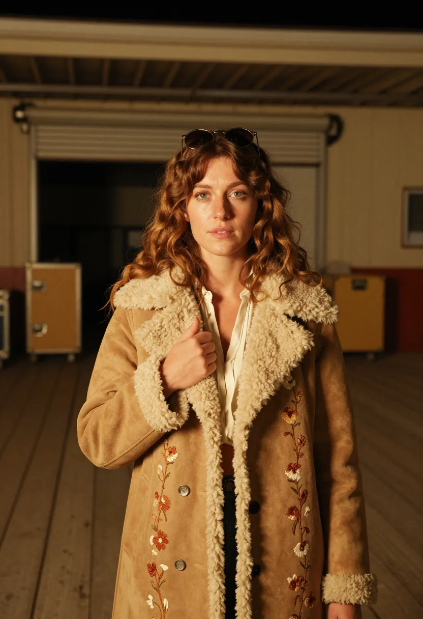 AI almost famous penny lane shearling afghan coat sample — portrait of a woman, a woman in her mid-twenties of French d