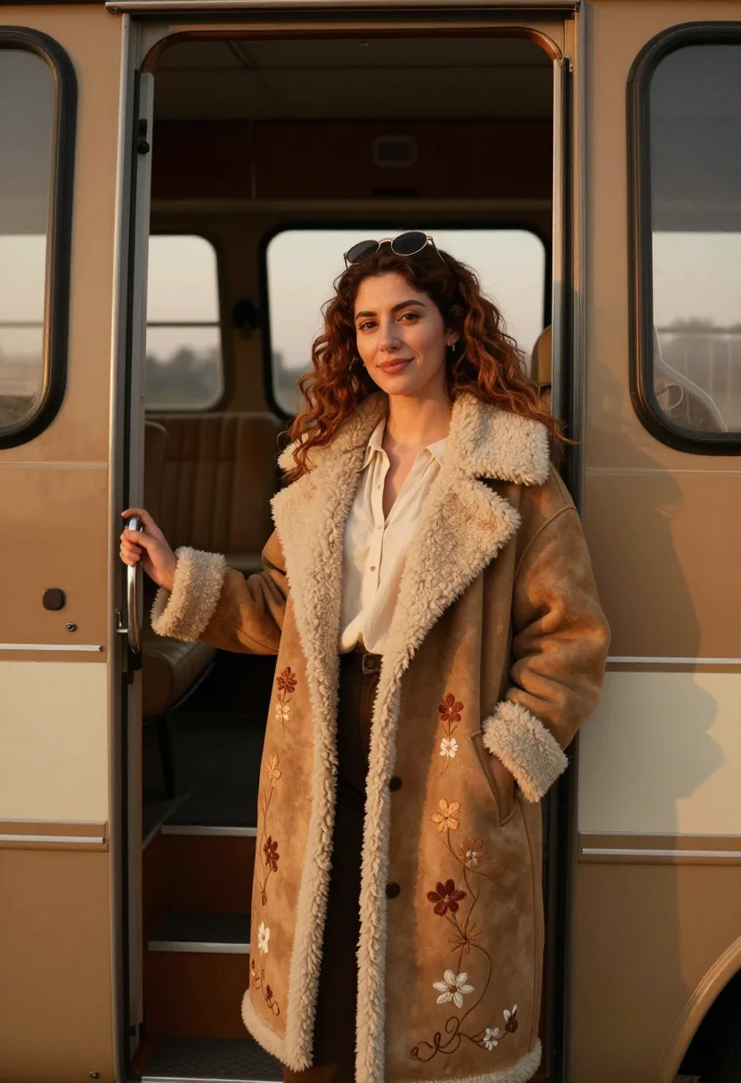 AI almost famous penny lane shearling afghan coat sample — portrait of a woman, a woman in her mid-twenties of Spanish