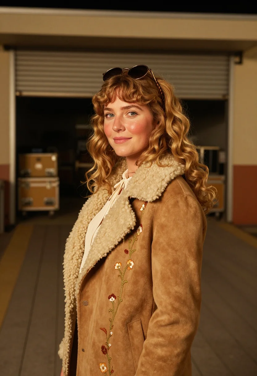 AI almost famous penny lane shearling afghan coat sample — portrait of a woman, a woman in her early twenties of Englis