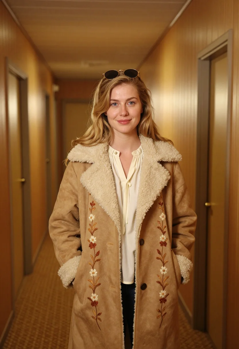 AI almost famous penny lane shearling afghan coat sample — portrait of a woman, a woman in her early twenties of Swedis