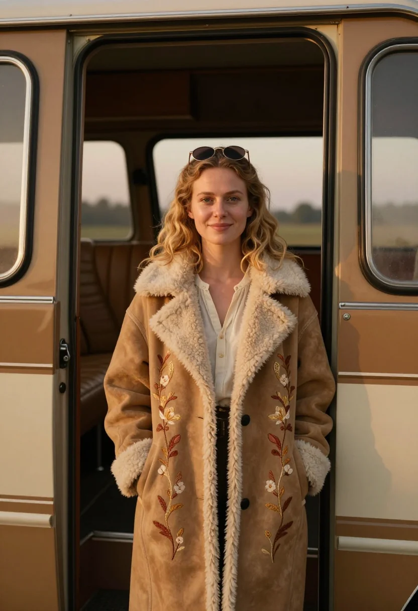 AI almost famous penny lane shearling afghan coat sample — portrait of a woman, a woman in her early twenties of Dutch