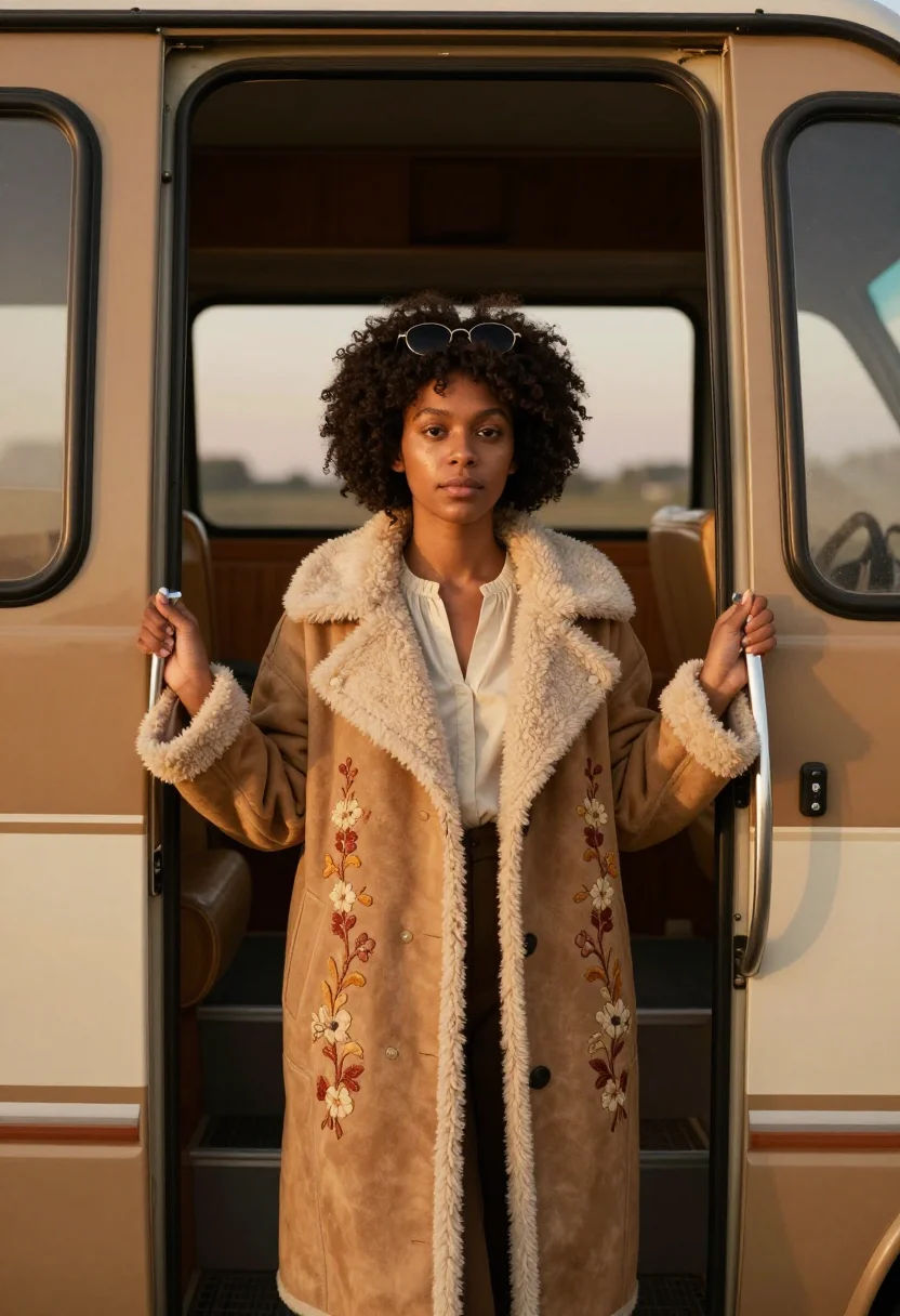 AI almost famous penny lane shearling afghan coat sample — portrait of a woman, a woman in her late twenties of African