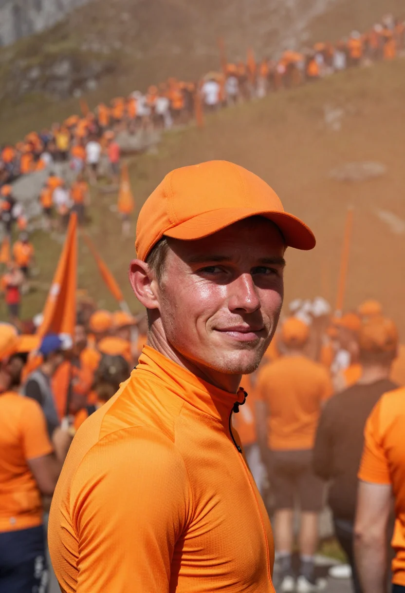 AI alpe d huez dutch corner orange sample — portrait of a man, a Dutch cycling fan in his late twenties