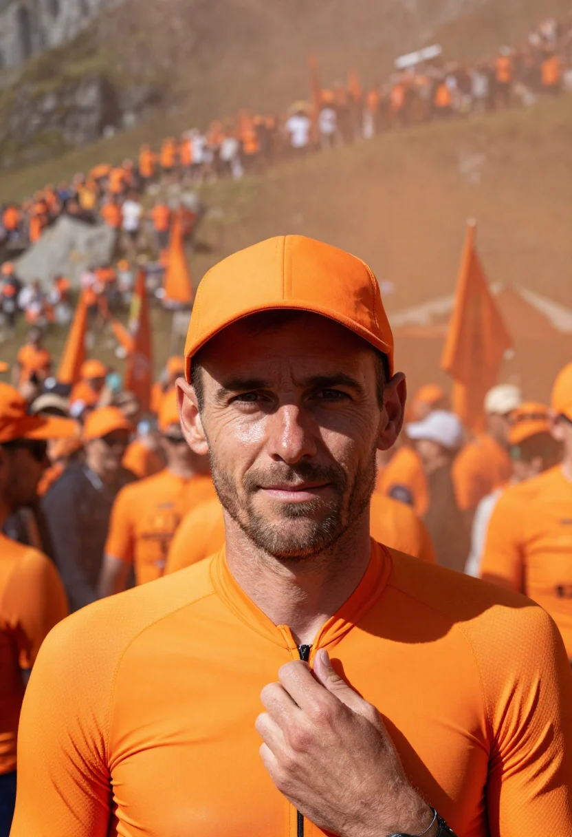 AI alpe d huez dutch corner orange sample — portrait of a man, a Flemish cycling fan in his mid-forties