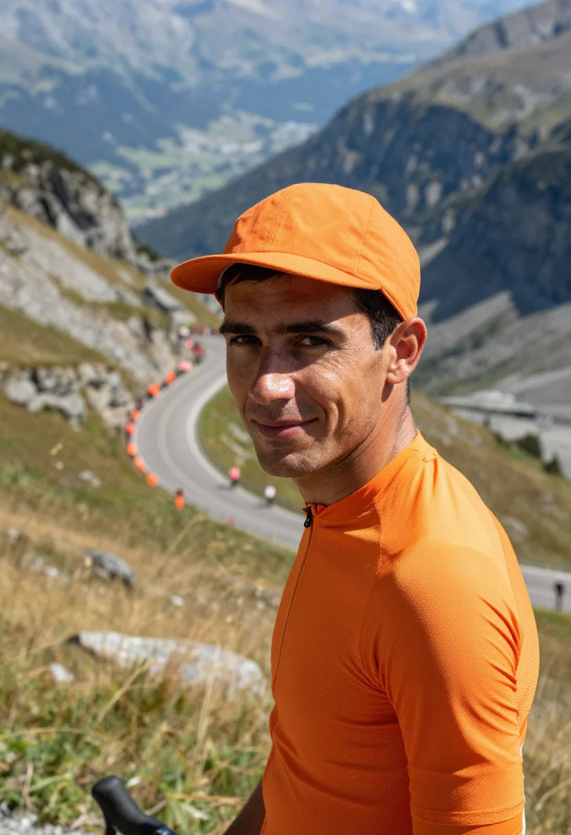AI alpe d huez dutch corner orange sample — portrait of a man, a Western-European cycling fan in his mid
