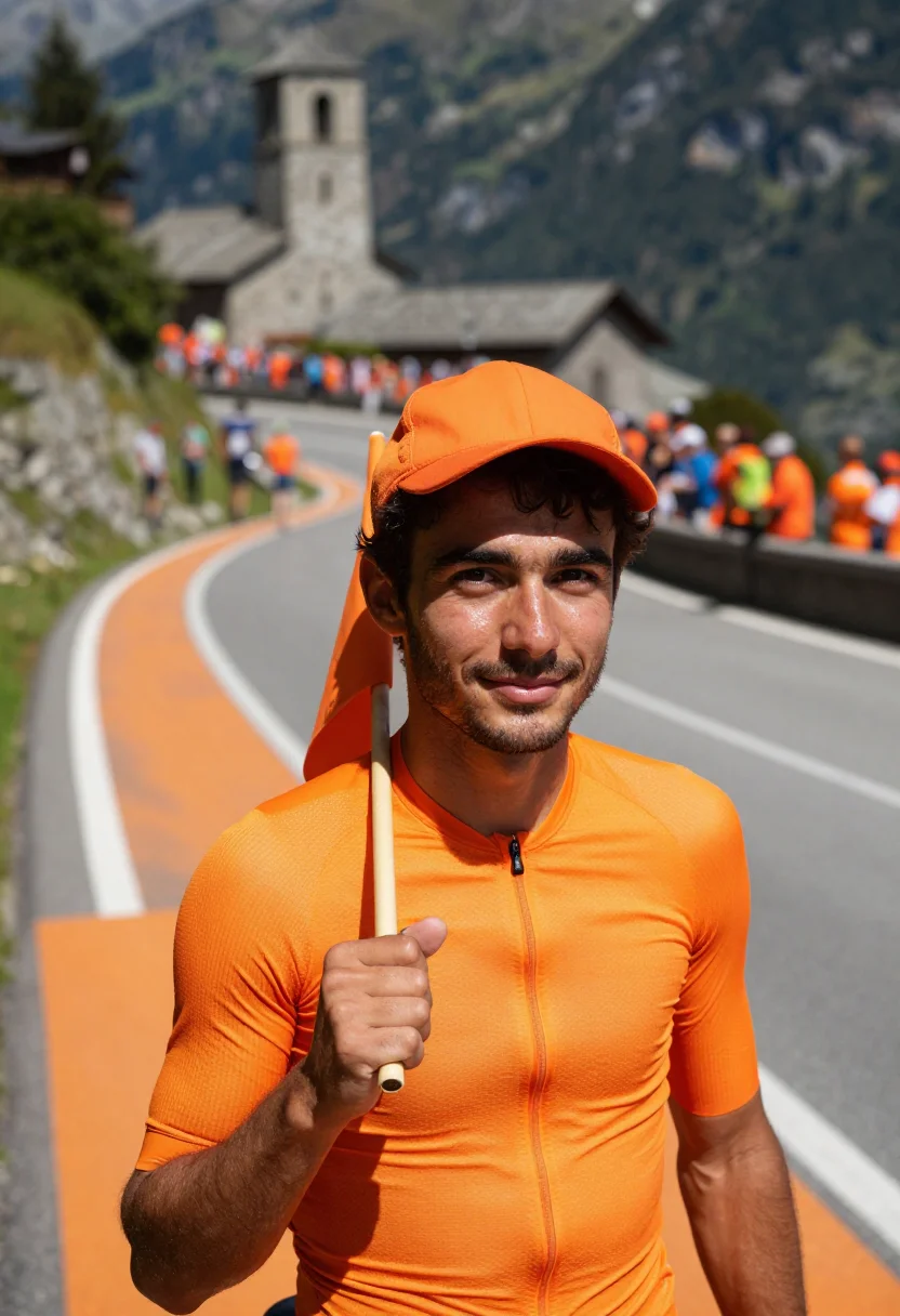AI alpe d huez dutch corner orange sample — portrait of a man, a Western-European cycling fan in his ear