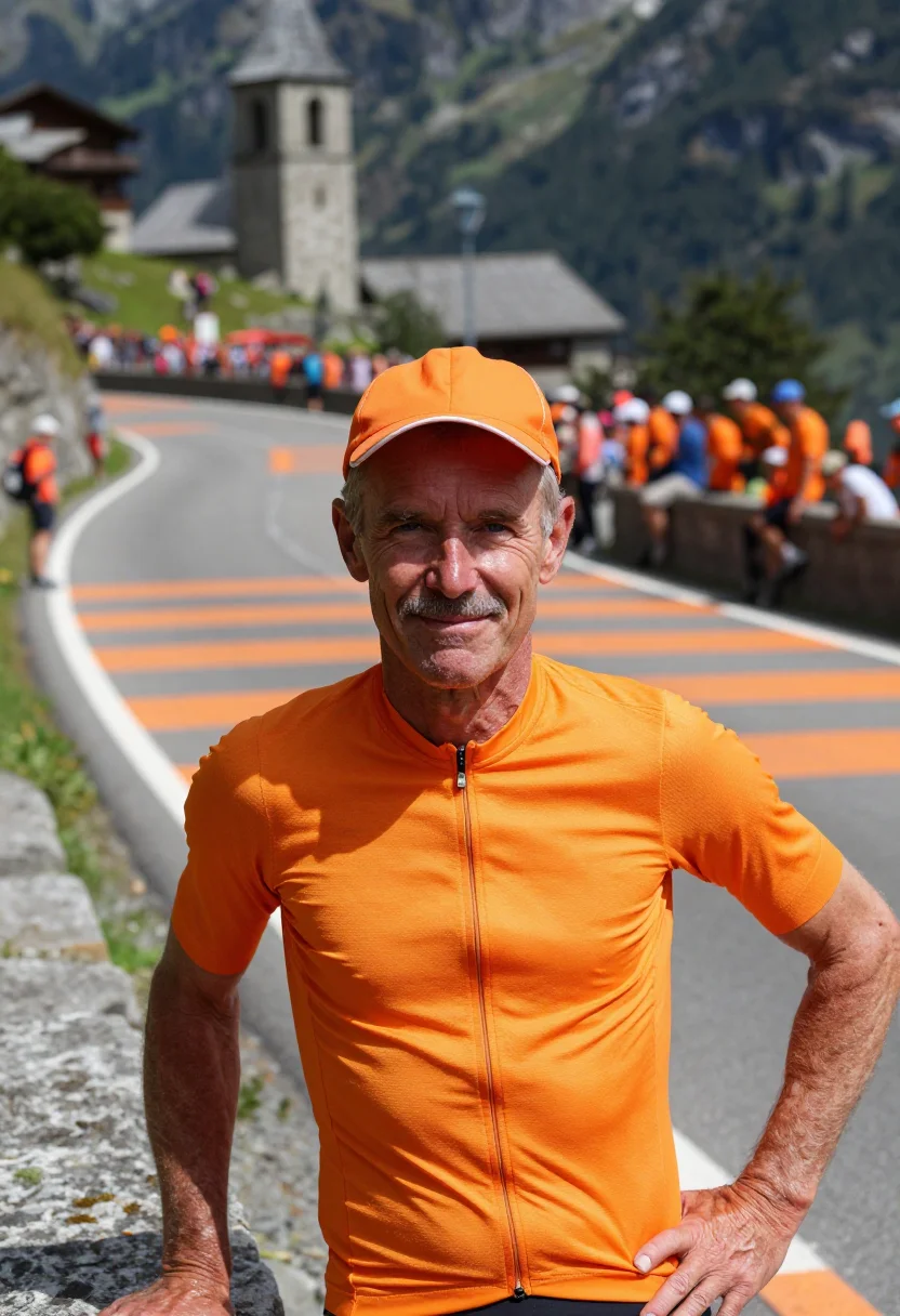 AI alpe d huez dutch corner orange sample — portrait of a man, a Dutch cycling fan in his mid-fifties wi